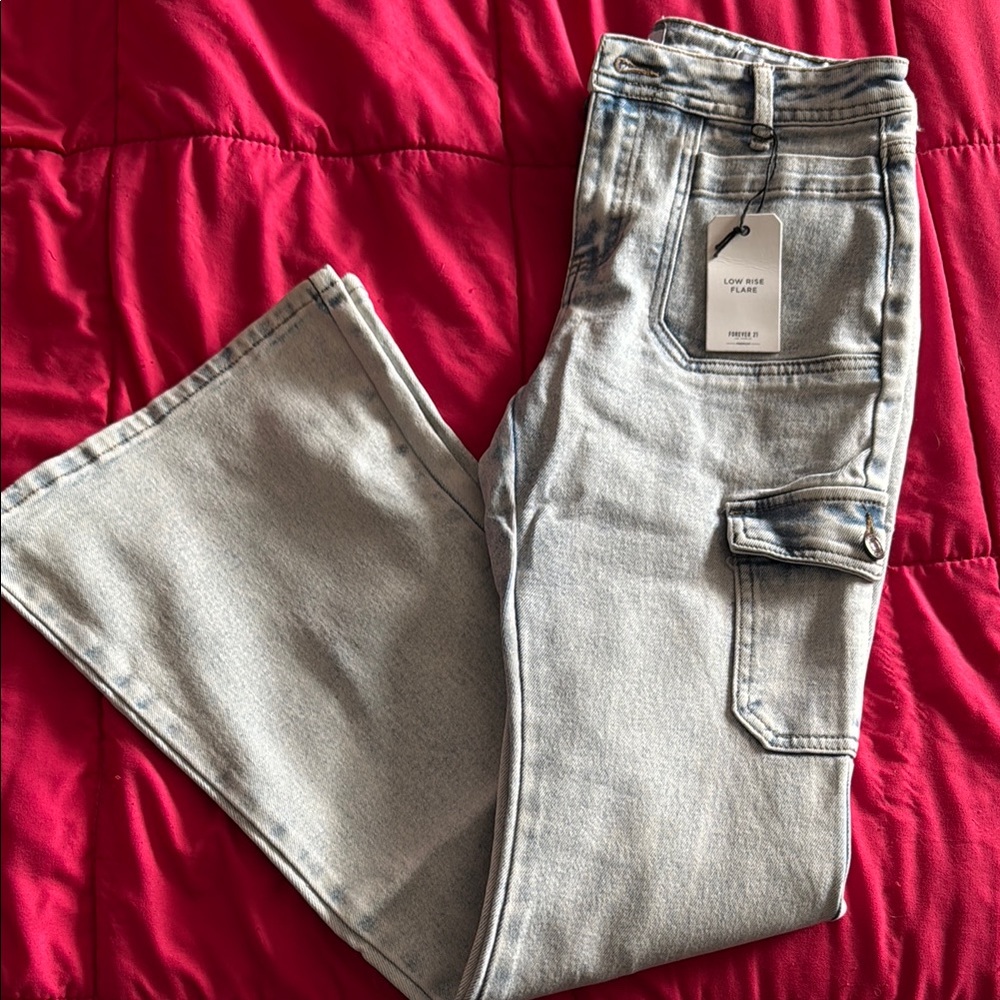 Forever 21 Low Rise Flare Cargo Jeans